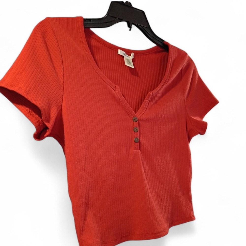 Bozzolo Rust Burnt Orange Cropped Stretch Knit V-Neck ShortSleeve Top Large EUC - Picture 2 of 5
